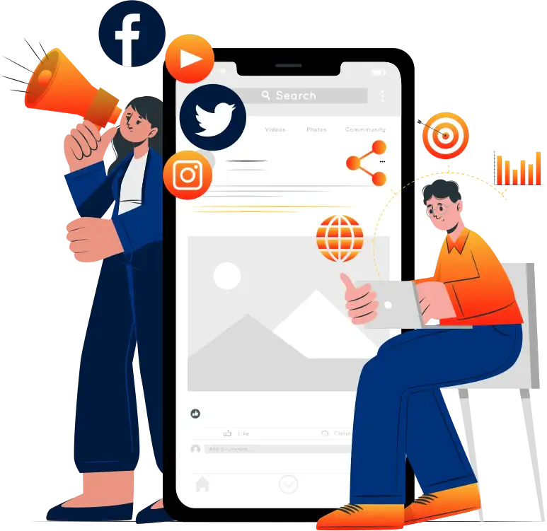 Illustration of a content marketing team promoting a website across social channels